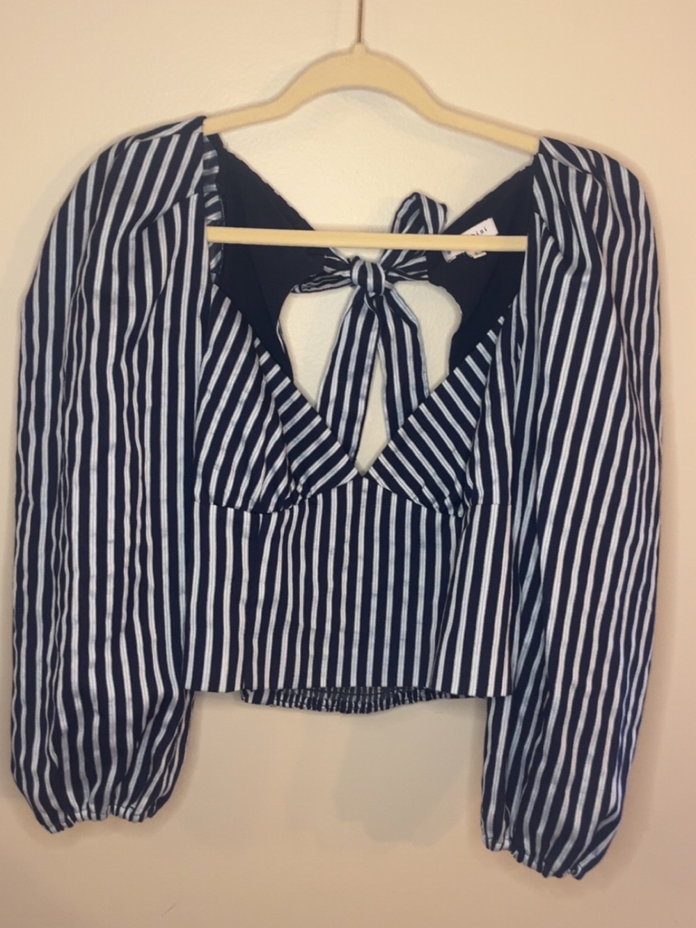 Gianni Bini Navy and White Striped Tie-Back Crop Blouse